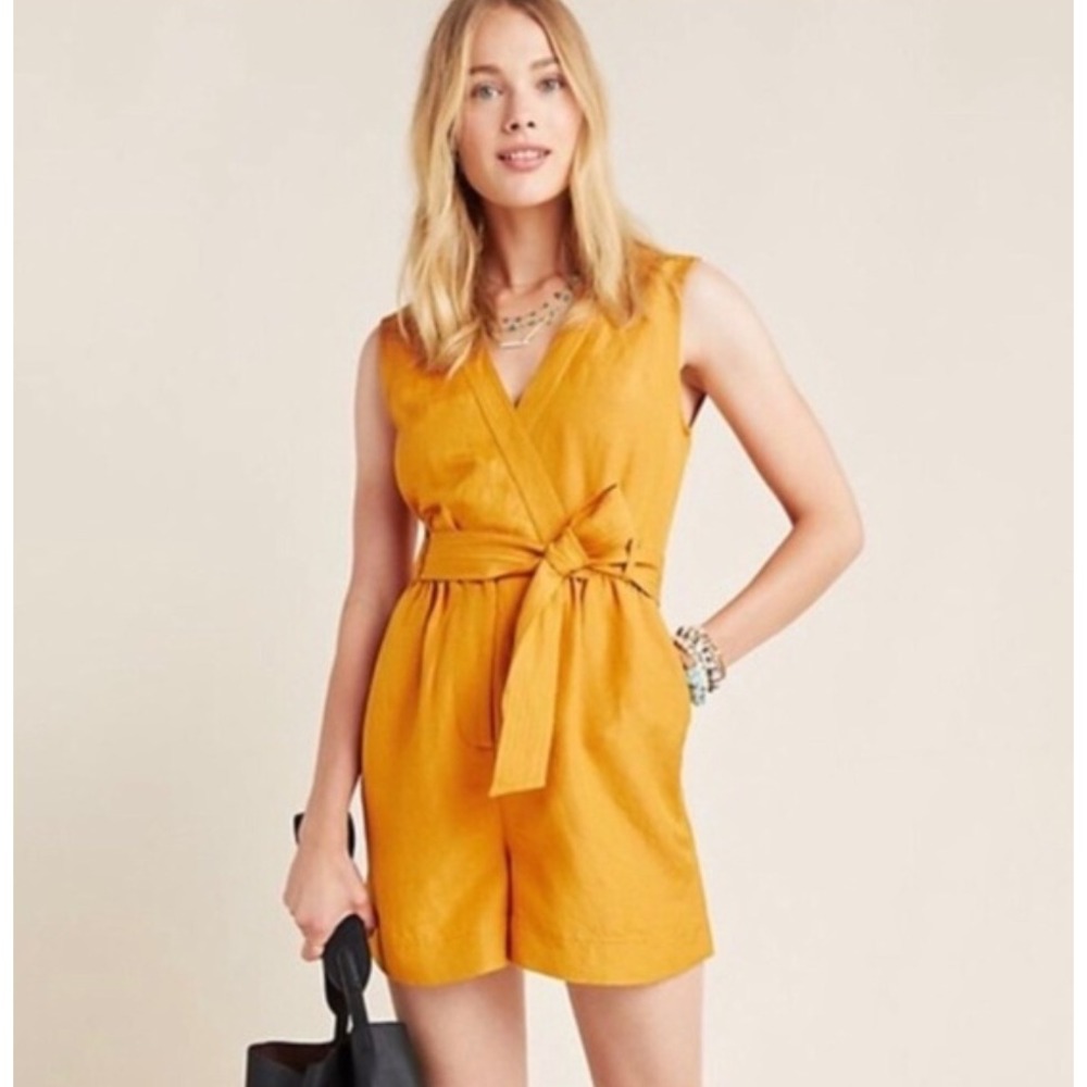 Maeve Anthropologie Luana Romper Women 2‎ Mustard Linen Wrap Tie Belt Boho Chic